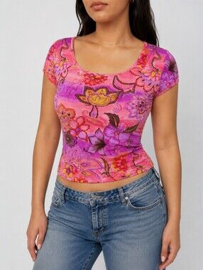 Vintage Forbidden Y2K Floral Rhinestone Baby Tee Pink Fitted 100% Cotton L